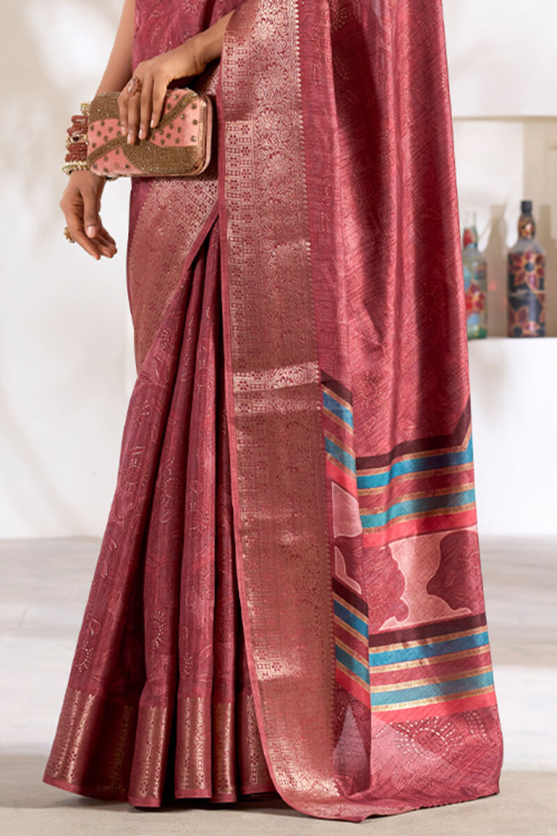 Dirty Pink Foil Printed Dola silk saree