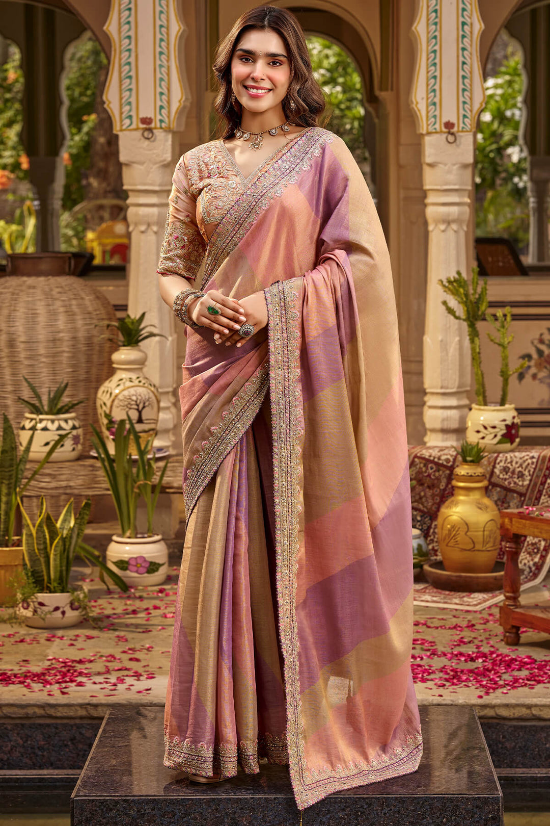 Dirty Pink Hand Work Viscose Saree with Stiched Blouse