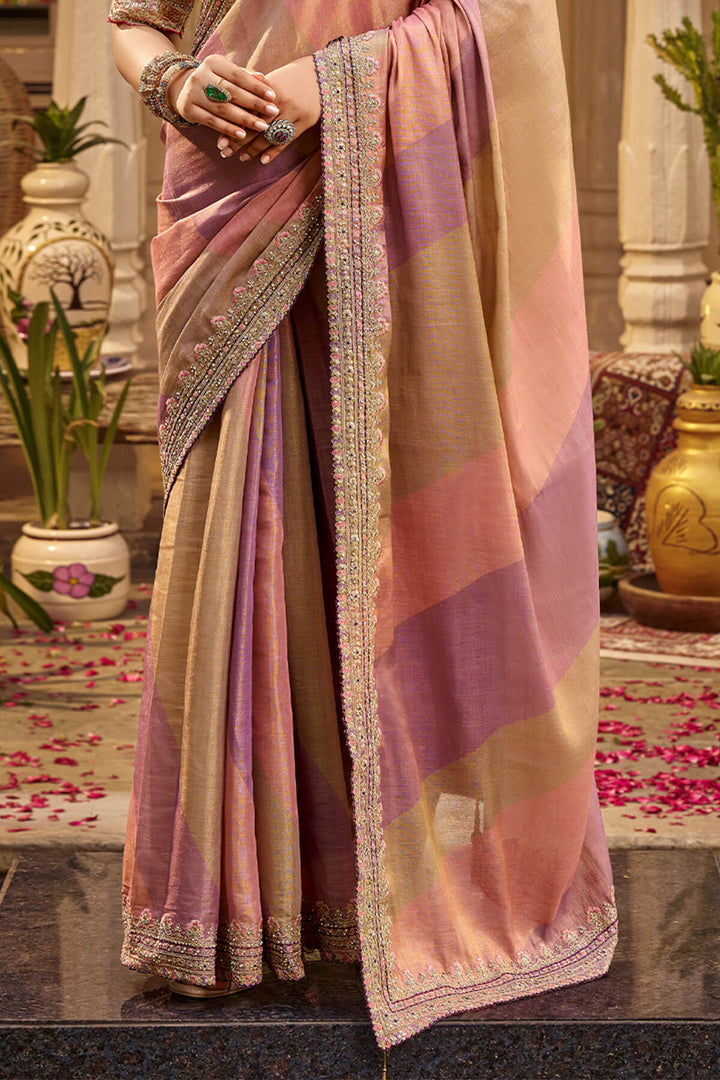 Dirty Pink Hand Work Viscose Saree with Stiched Blouse