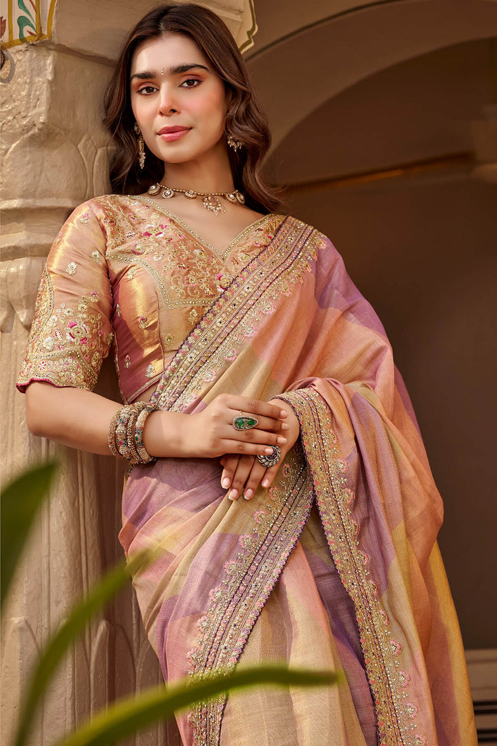 Dirty Pink Hand Work Viscose Saree with Stiched Blouse