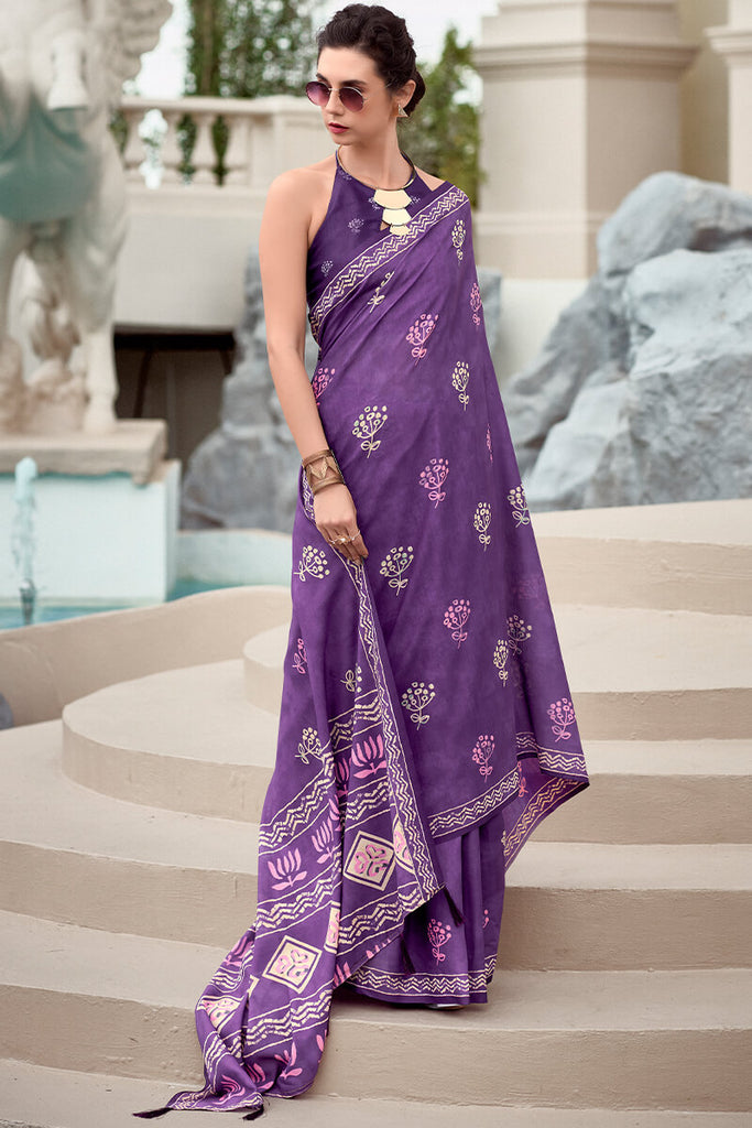 Dirty Purple Printed Mul cotton Saree