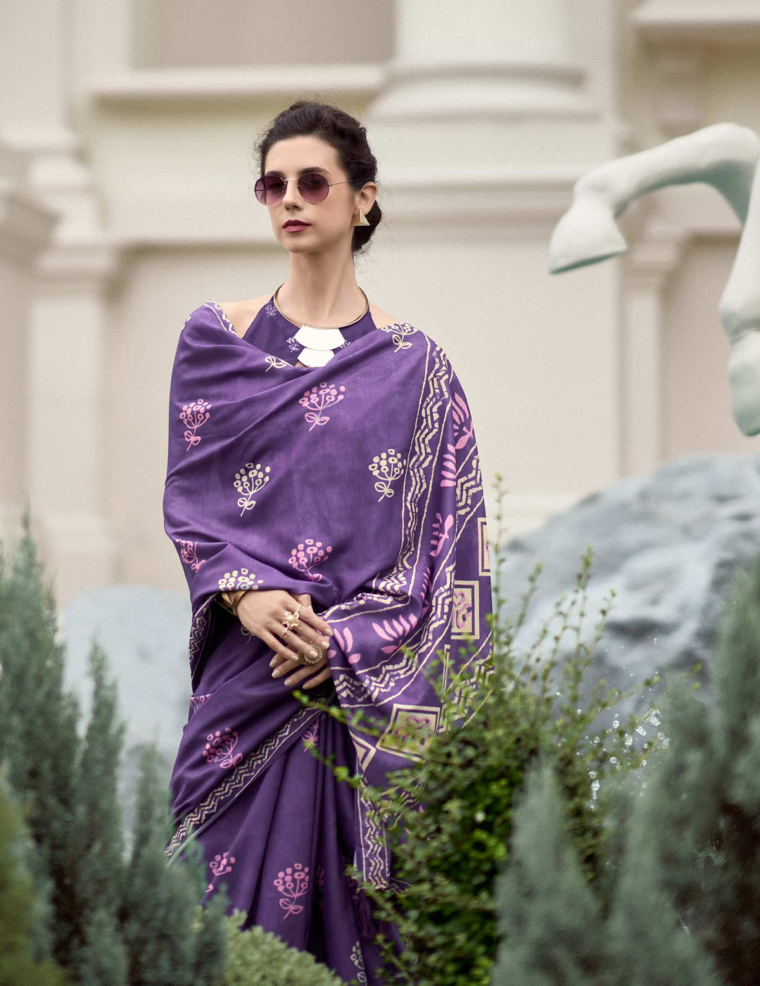 Dirty Purple Printed Mul cotton Saree