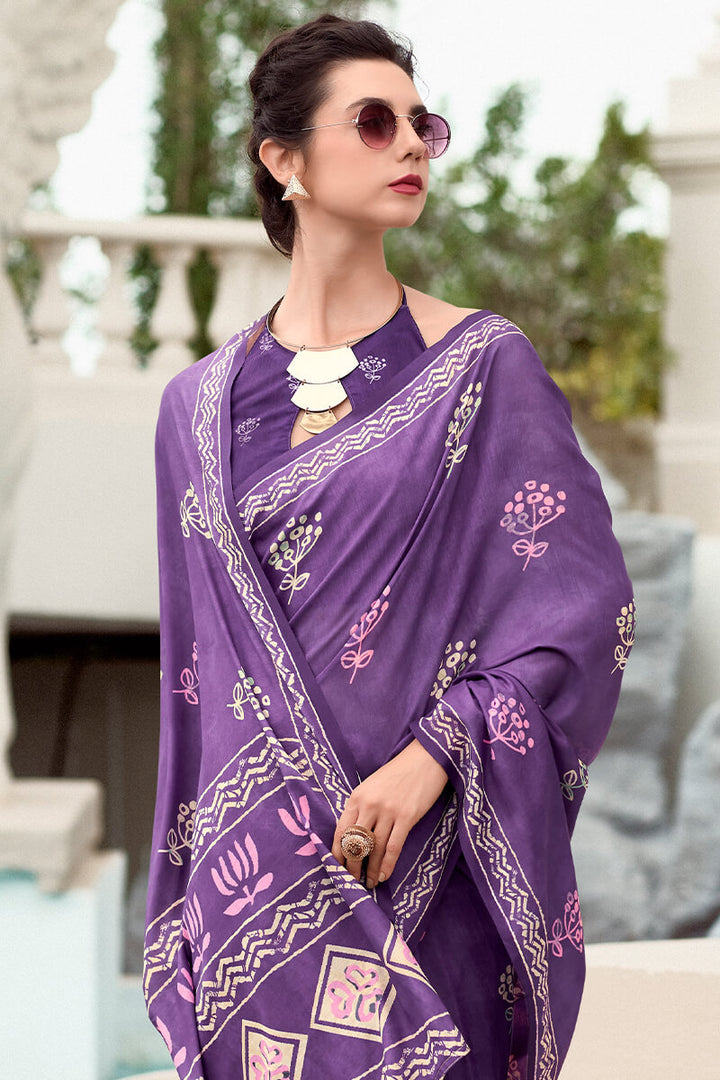 Dirty Purple Printed Mul cotton Saree