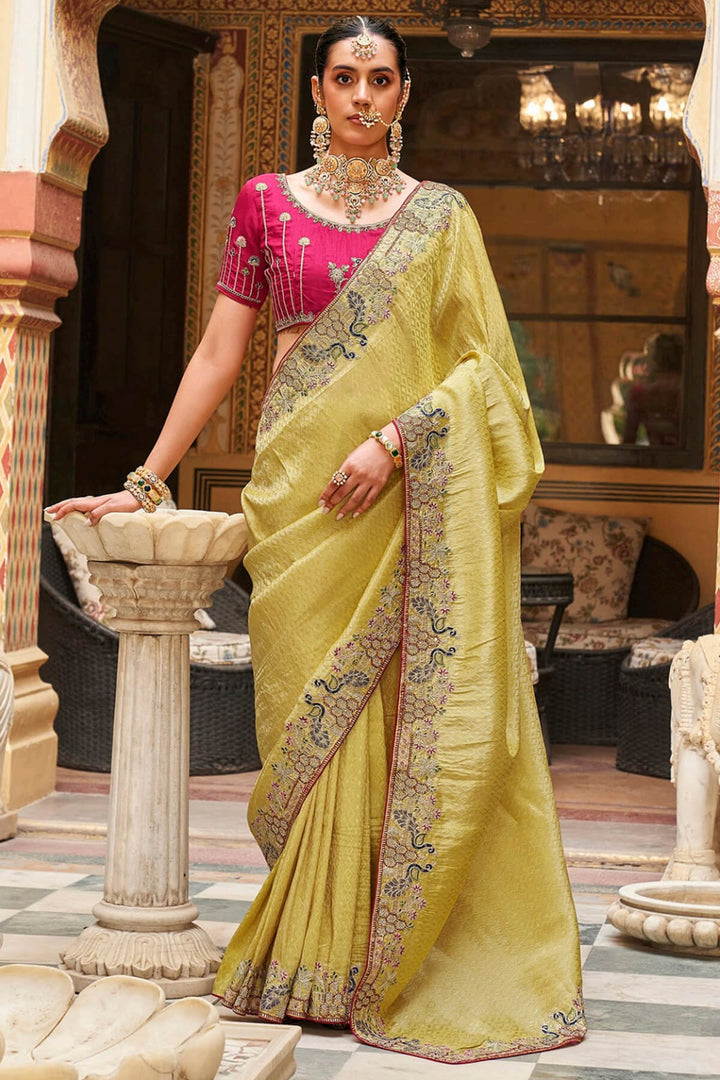 Dirty Yellow Embroidery Work Tissue Silk Saree