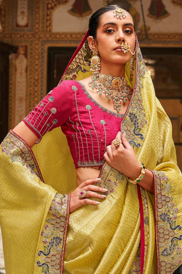 Dirty Yellow Embroidery Work Tissue Silk Saree