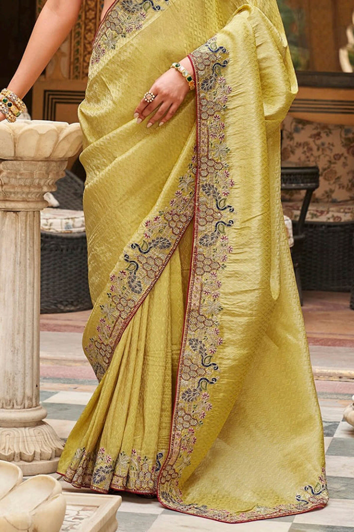Dirty Yellow Embroidery Work Tissue Silk Saree