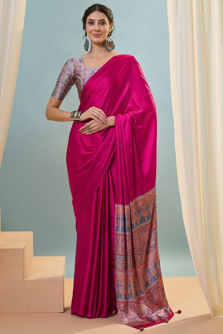 Dogwood Rose Pink Ajrakh Printed Satin Silk Saree