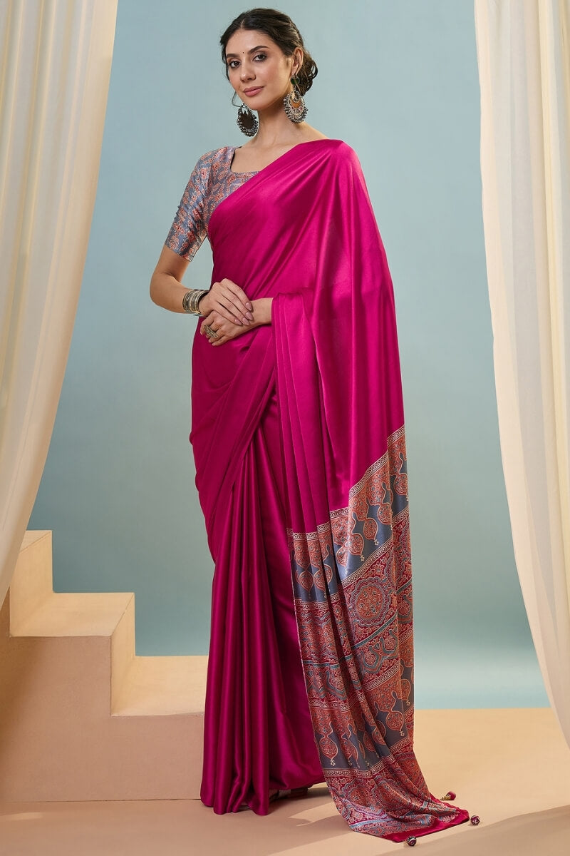 Dogwood Rose Pink Ajrakh Printed Satin Silk Saree