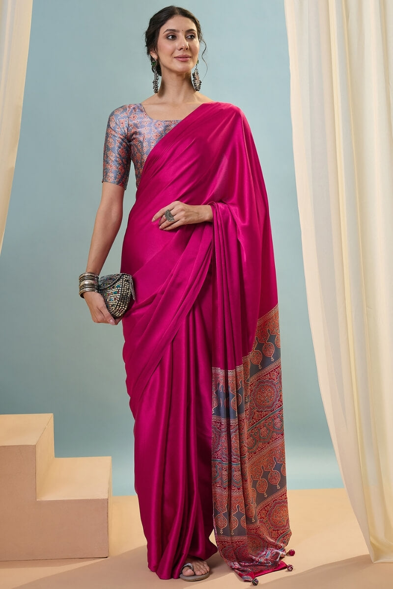 Dogwood Rose Pink Ajrakh Printed Satin Silk Saree