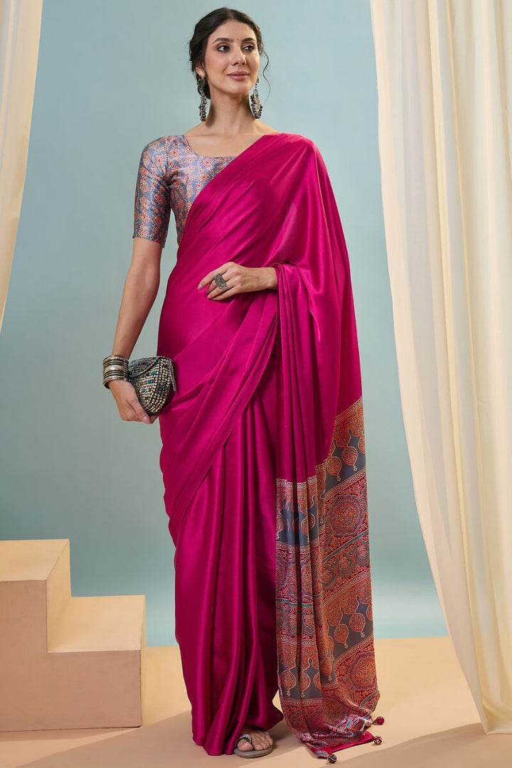 Dogwood Rose Pink Ajrakh Printed Satin Silk Saree