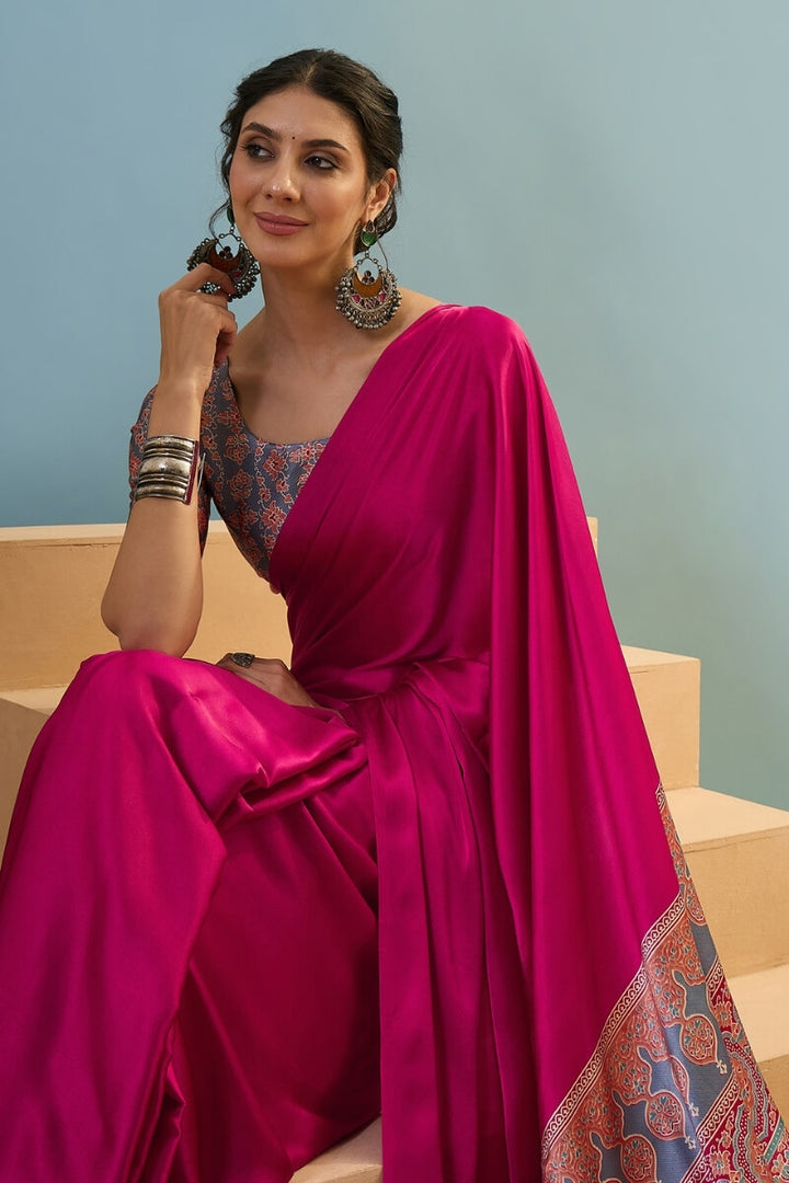 Dogwood Rose Pink Ajrakh Printed Satin Silk Saree