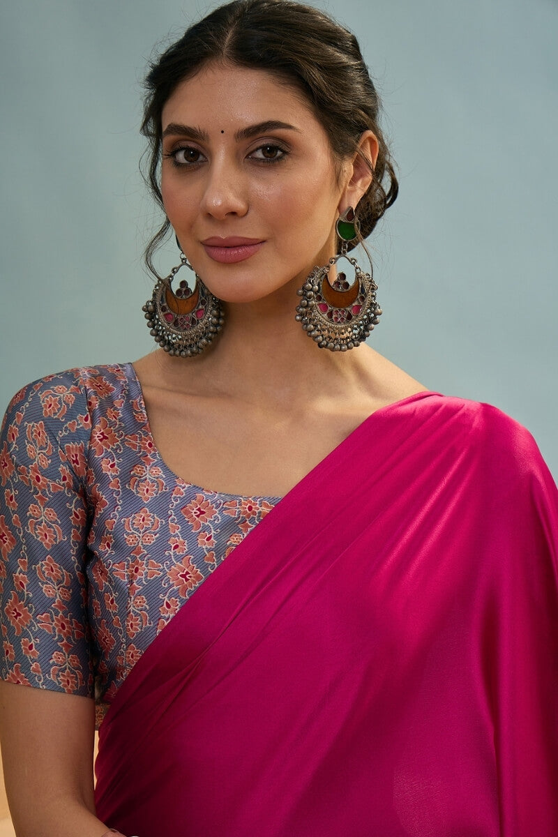 Dogwood Rose Pink Ajrakh Printed Satin Silk Saree