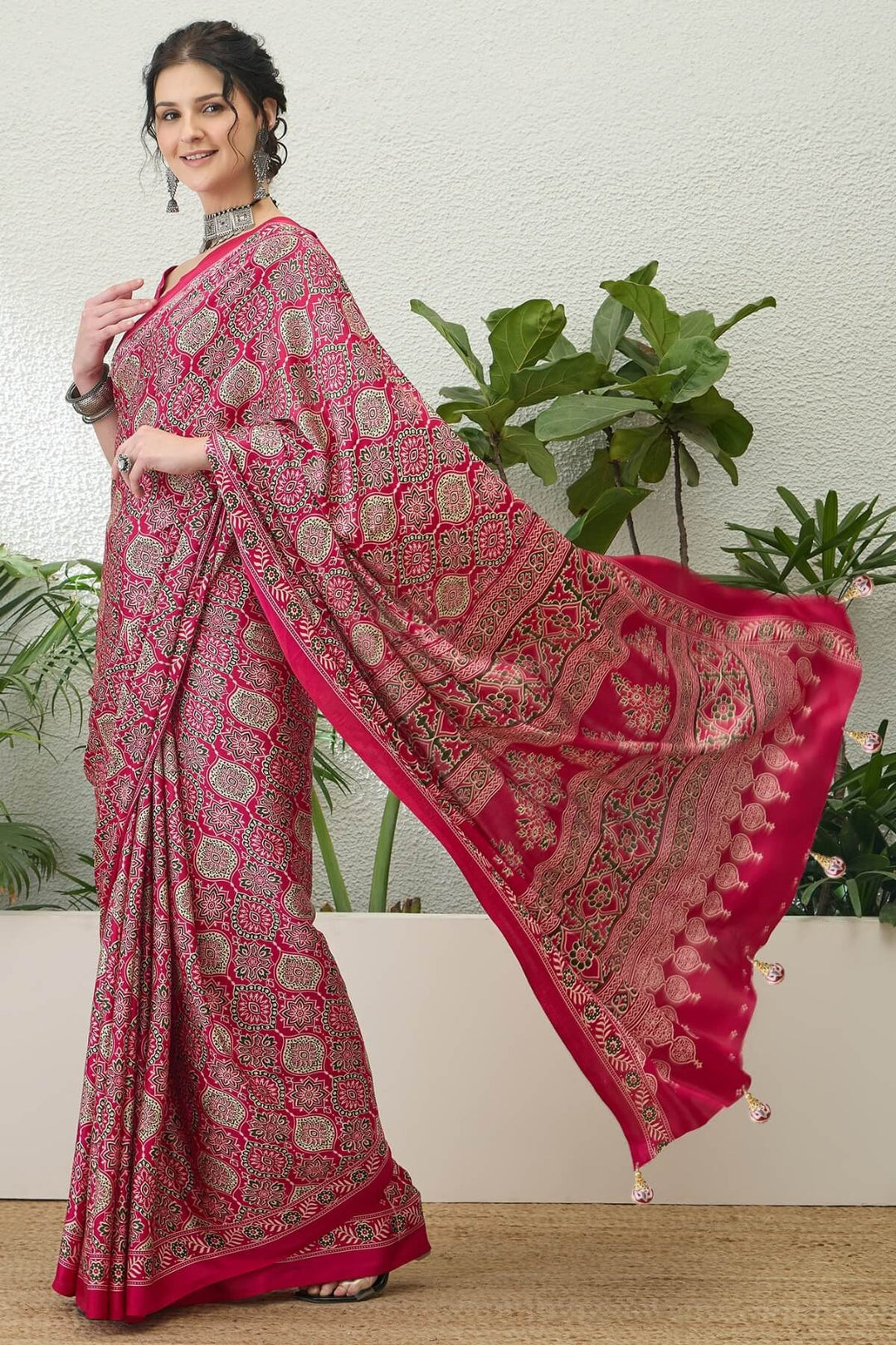 Dogwood Rose Pink Printed Satin Silk Saree