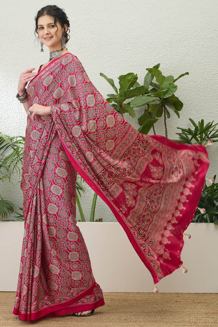 Dogwood Rose Pink Printed Satin Silk Saree