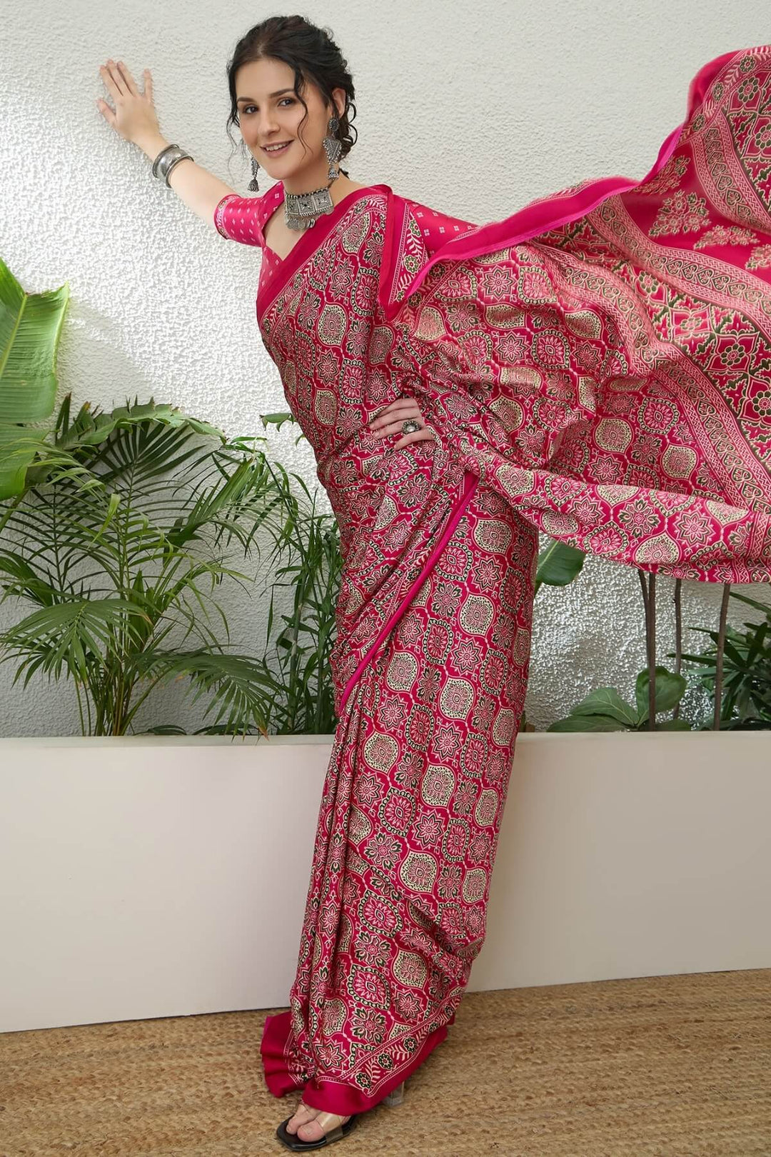 Dogwood Rose Pink Printed Satin Silk Saree