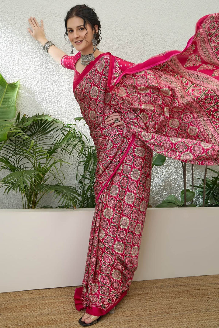 Dogwood Rose Pink Printed Satin Silk Saree