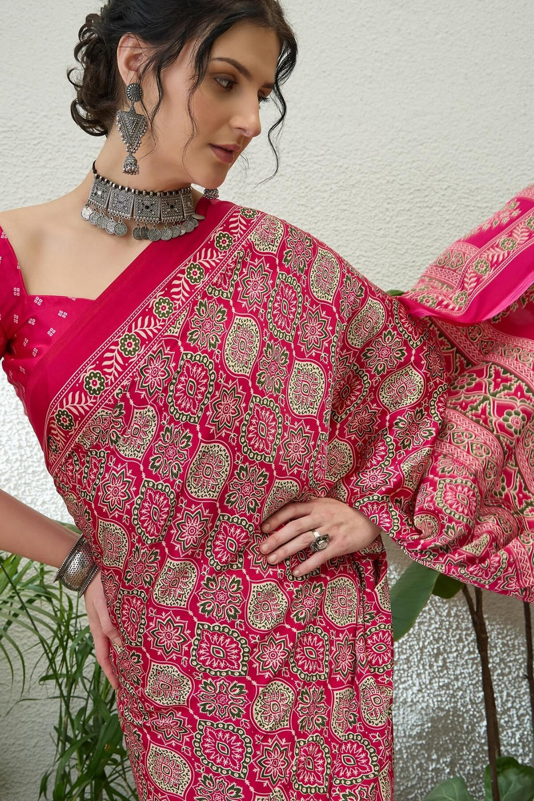 Dogwood Rose Pink Printed Satin Silk Saree