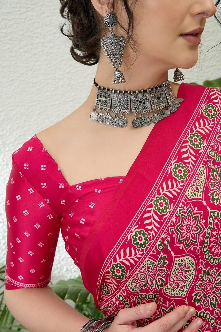Dogwood Rose Pink Printed Satin Silk Saree