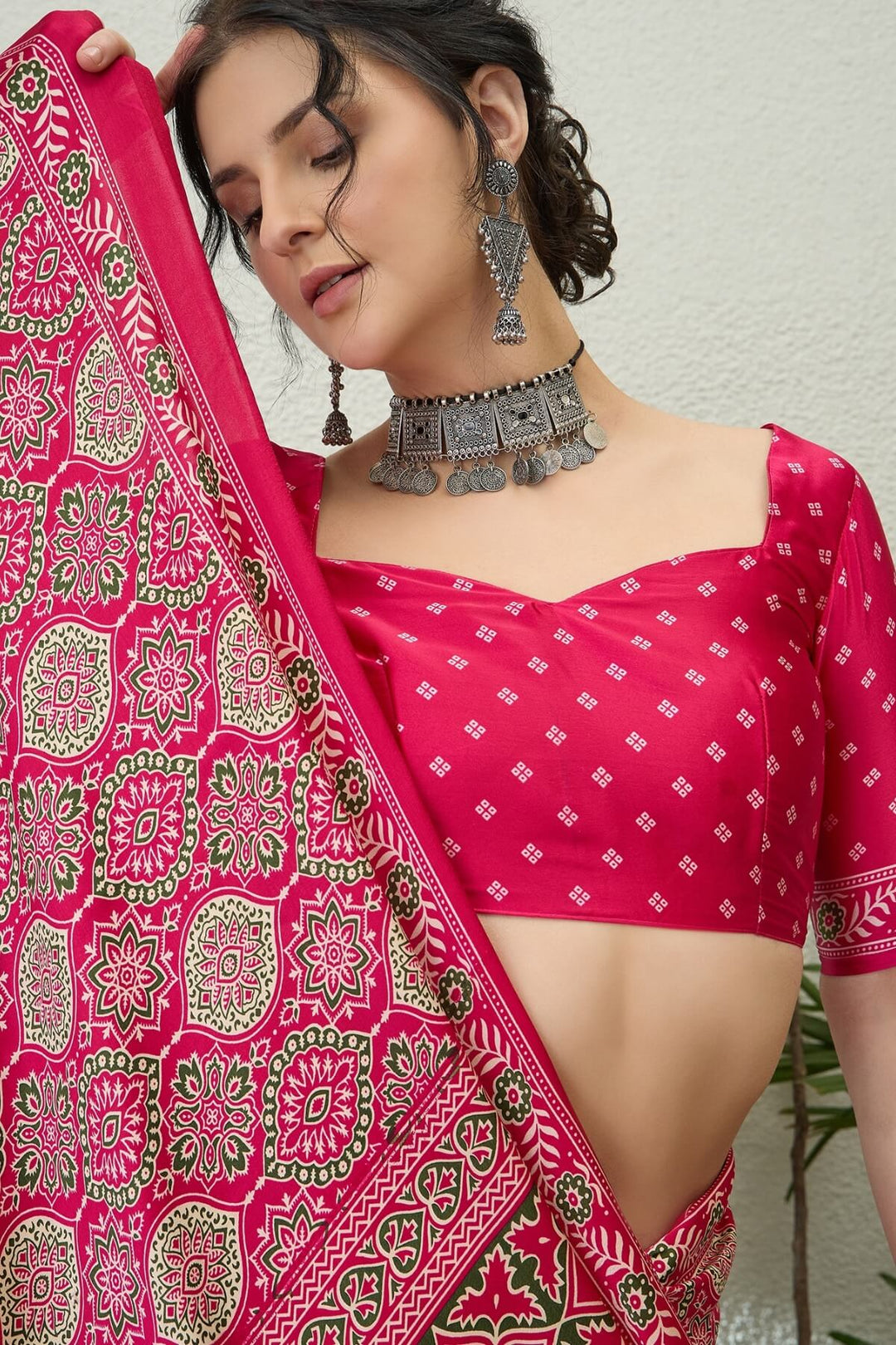 Dogwood Rose Pink Printed Satin Silk Saree