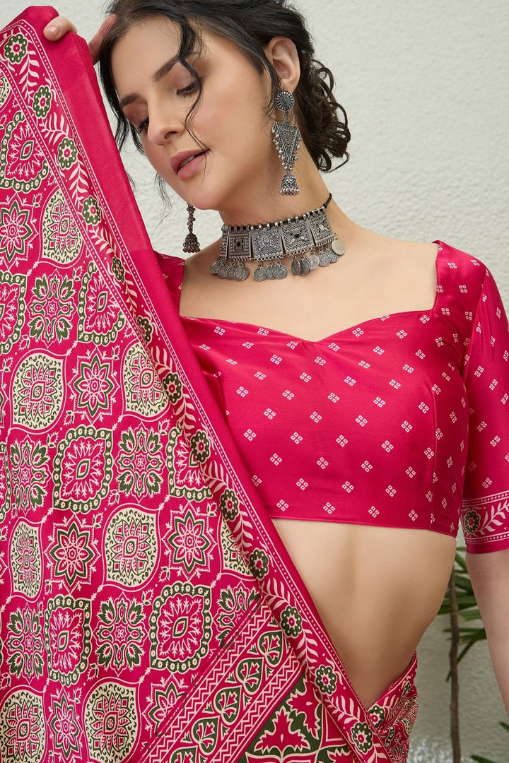 Dogwood Rose Pink Printed Satin Silk Saree