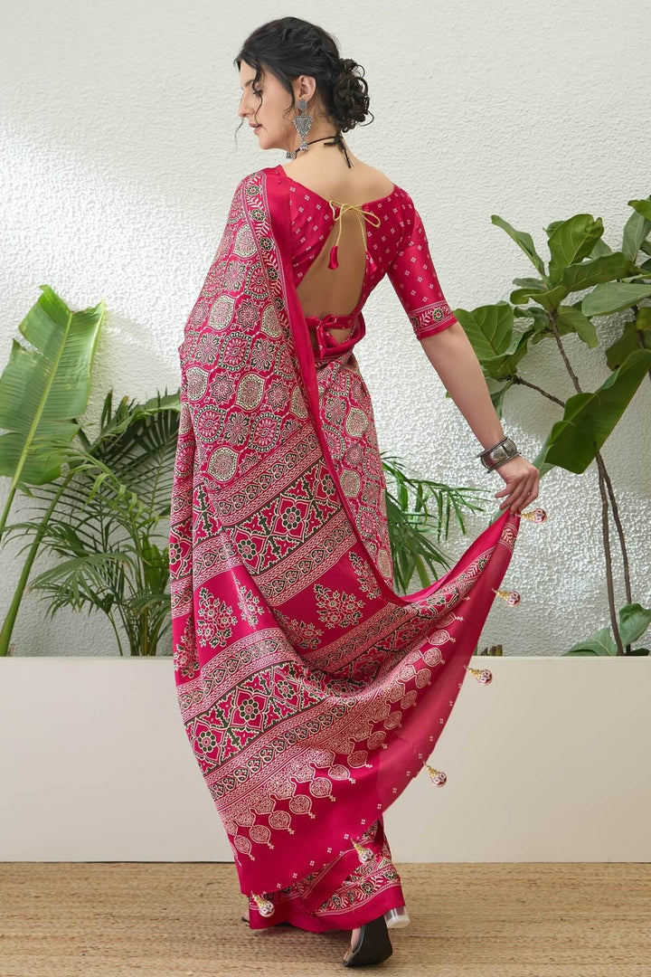 Dogwood Rose Pink Printed Satin Silk Saree