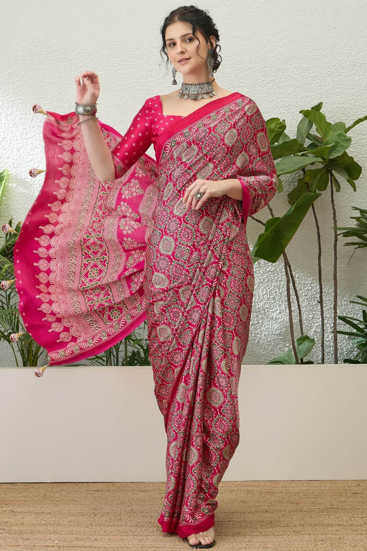 Dogwood Rose Pink Printed Satin Silk Saree