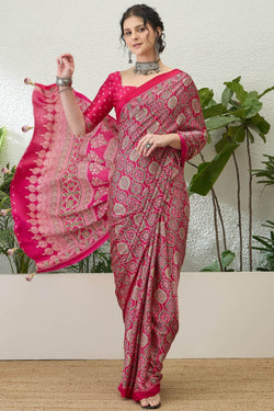 Dogwood Rose Pink Printed Satin Silk Saree