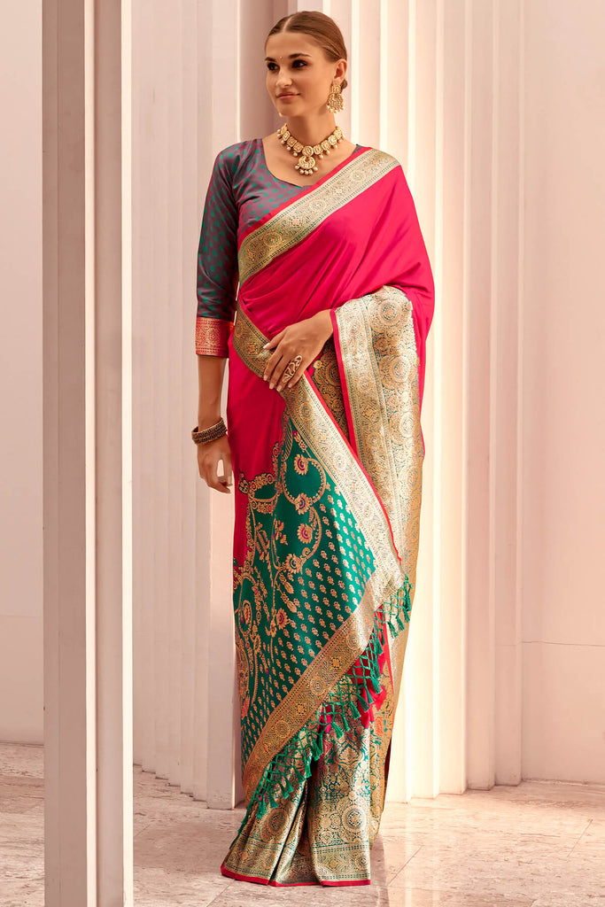 Dogwood Rose Pink Zari Woven Soft Banarasi Silk Saree