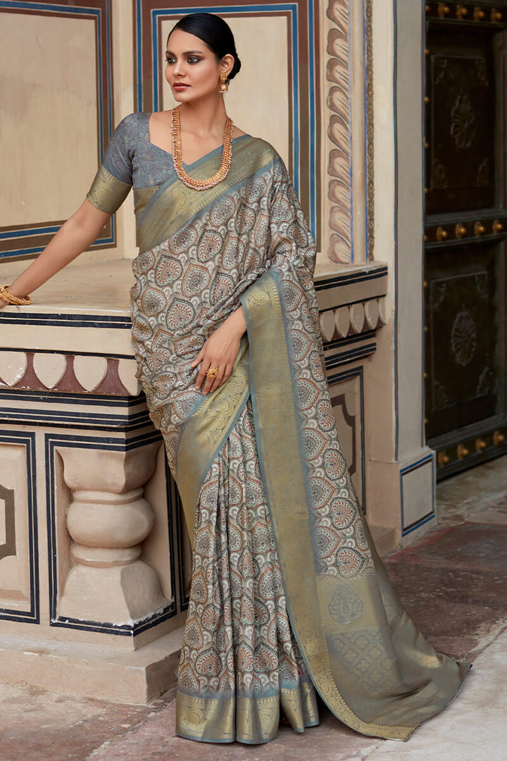 Dove Grey Printed Soft Silk Saree