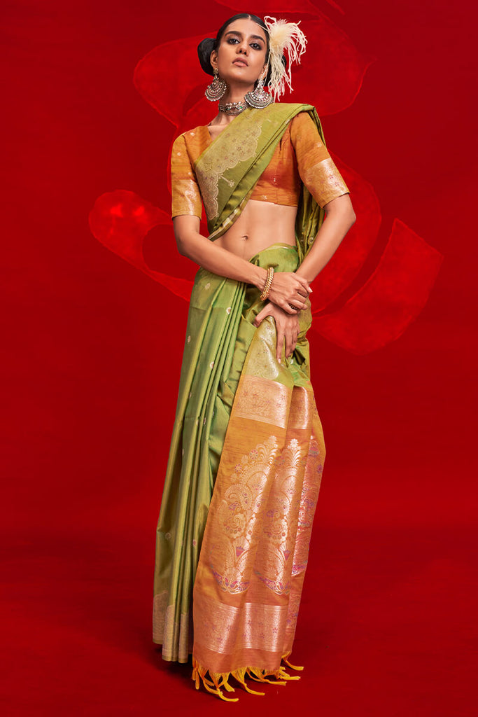 Drab Green Banarasi Tussar Silk Saree