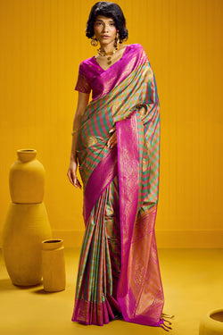 Drab Green Two tone Checks Banarasi Silk Saree