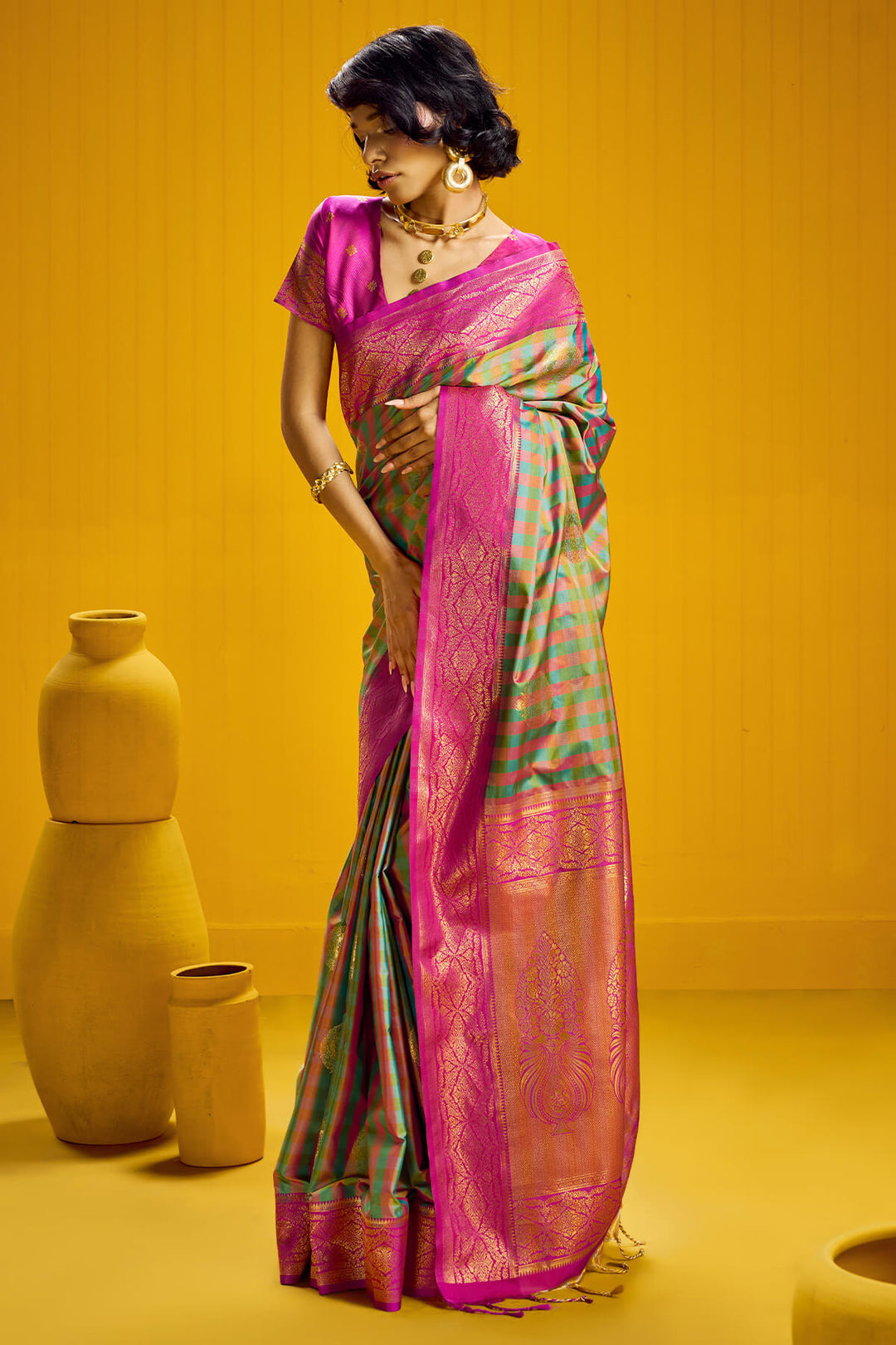 Drab Green Two tone Checks Banarasi Silk Saree