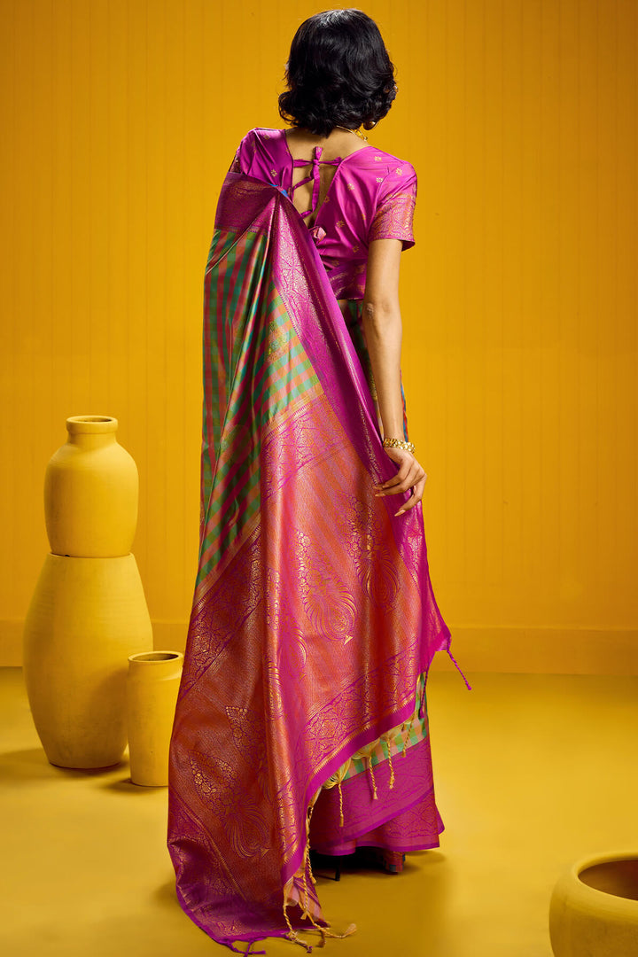 Drab Green Two tone Checks Banarasi Silk Saree