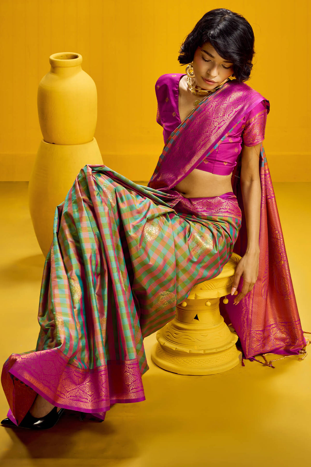 Drab Green Two tone Checks Banarasi Silk Saree
