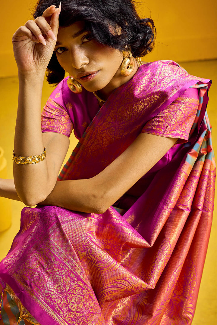 Drab Green Two tone Checks Banarasi Silk Saree