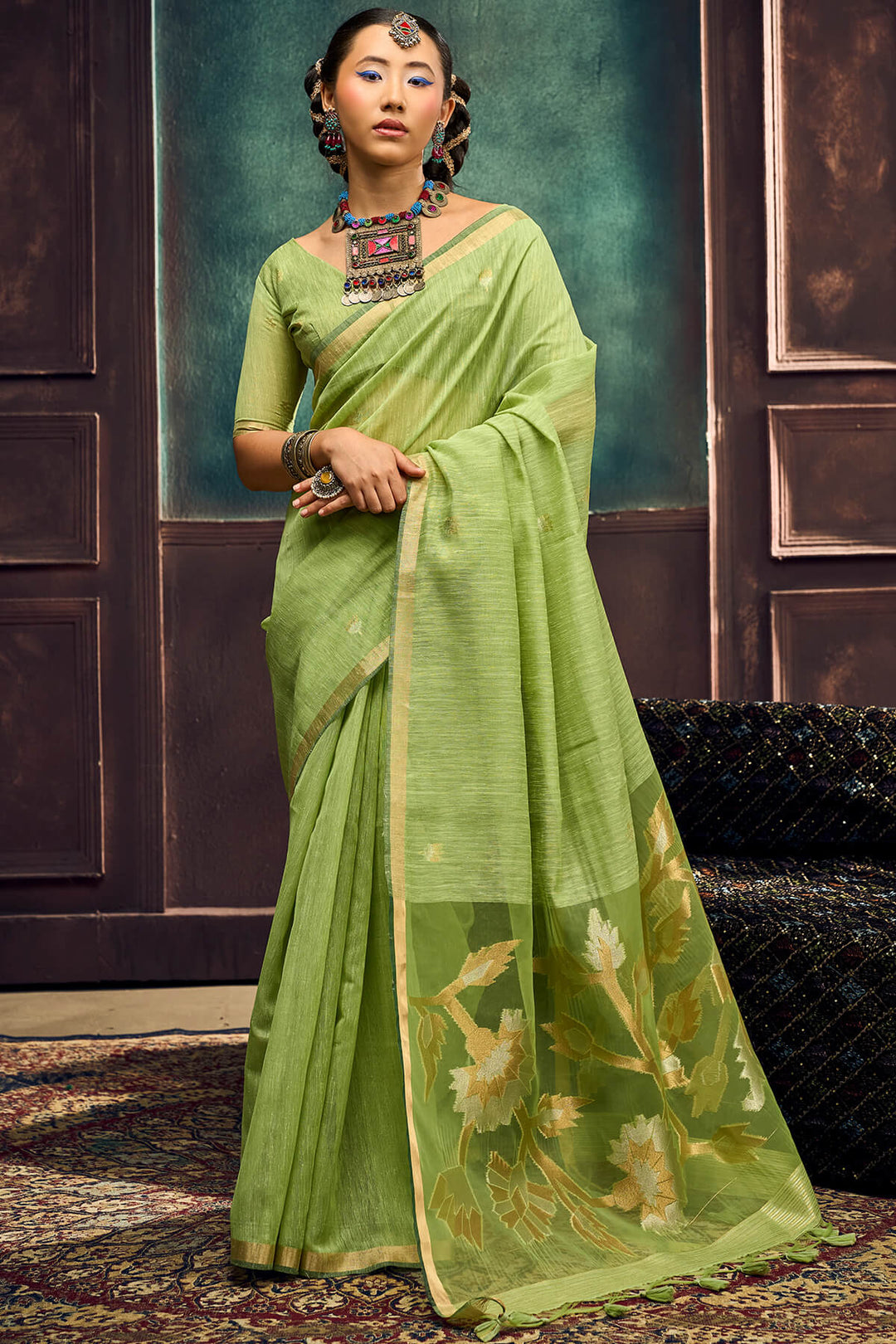 Drab Green Zari Woven Pure Munga Cotton saree