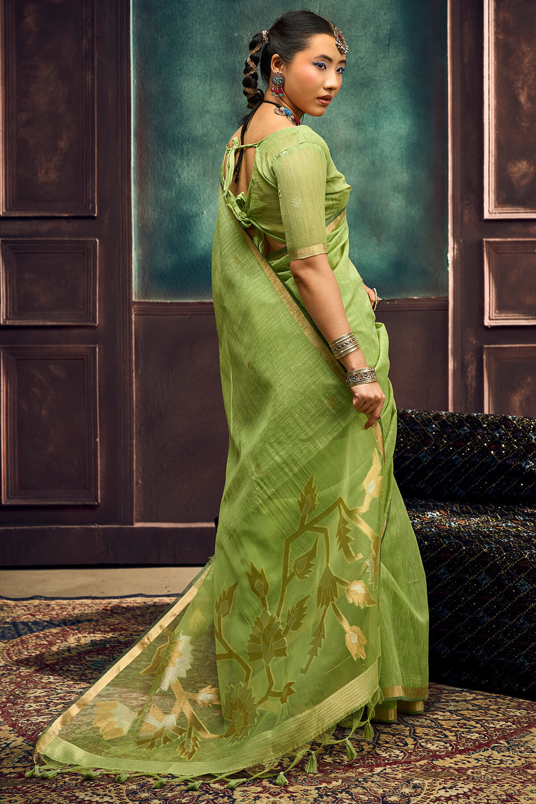 Drab Green Zari Woven Pure Munga Cotton saree
