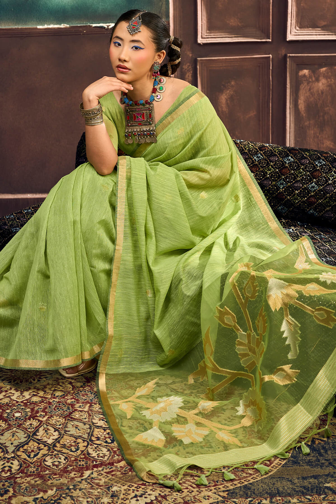 Drab Green Zari Woven Pure Munga Cotton saree