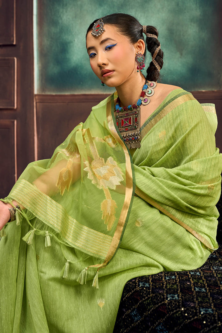 Drab Green Zari Woven Pure Munga Cotton saree