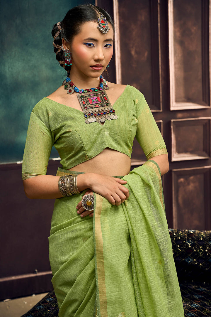 Drab Green Zari Woven Pure Munga Cotton saree