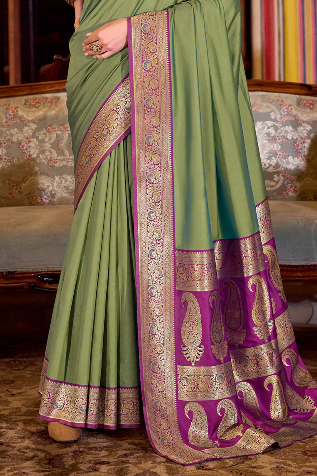 Drab Green Zari Woven Soft Banarasi Silk Saree