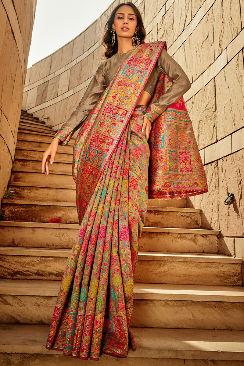 Dull Brown Kashmiri Modal Silk Saree