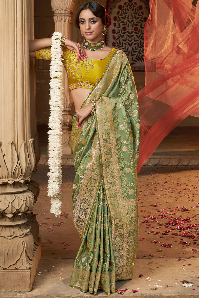 Dull Green Banarasi Satin Silk Saree with Embroidery Blouse