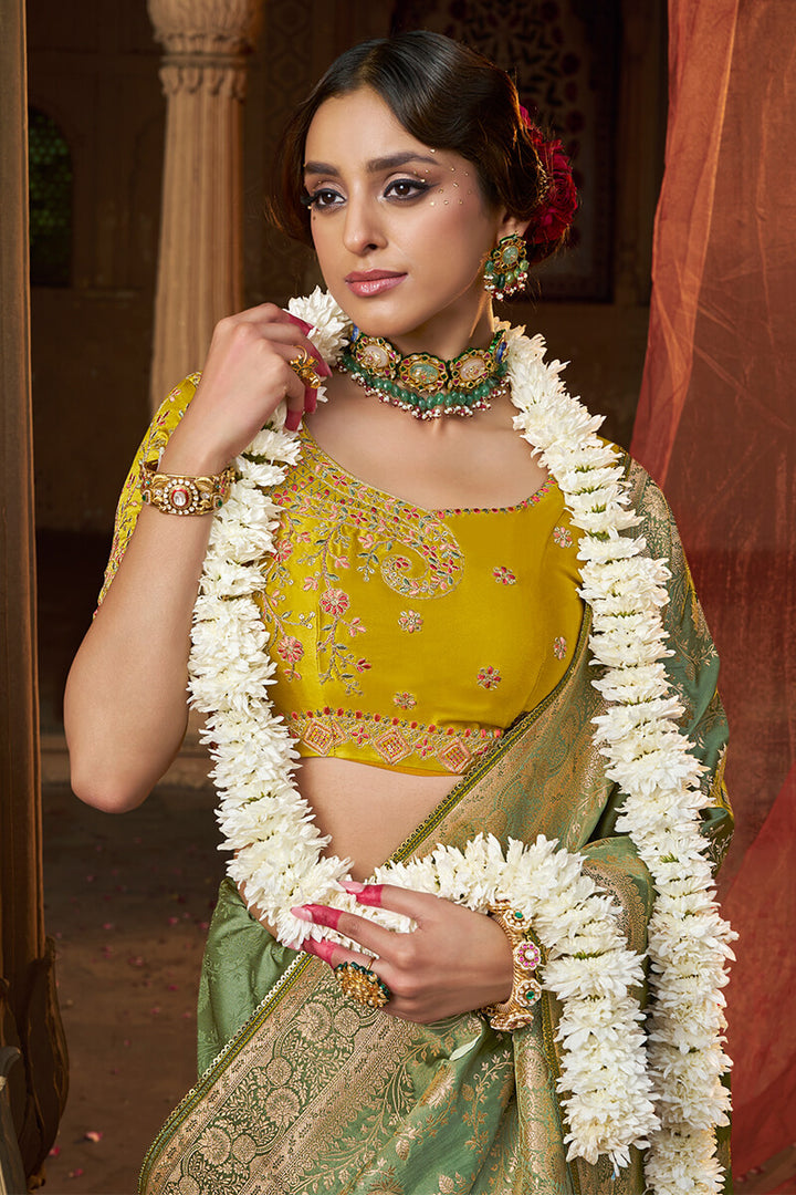 Dull Green Banarasi Satin Silk Saree with Embroidery Blouse