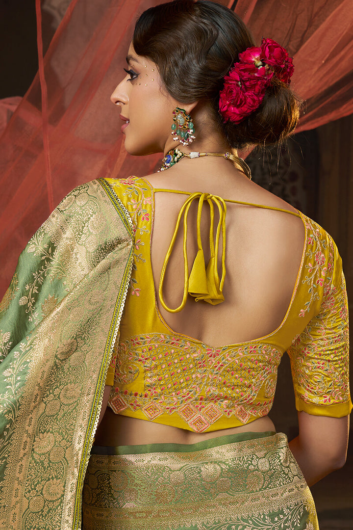 Dull Green Banarasi Satin Silk Saree with Embroidery Blouse