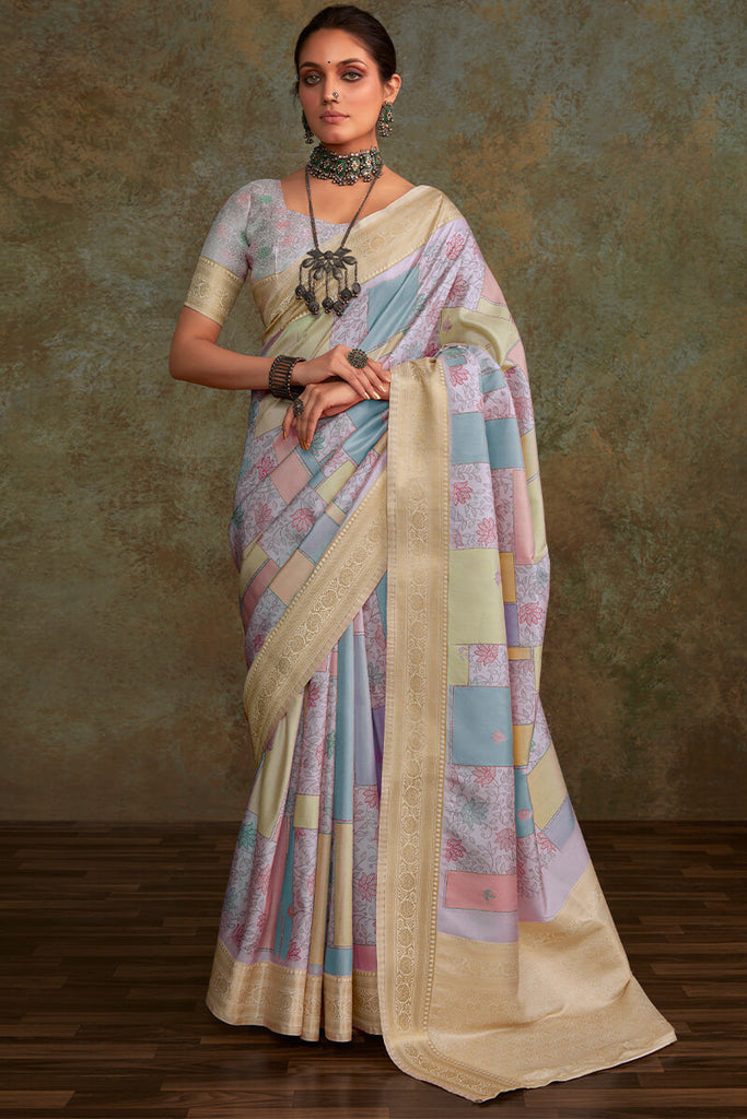 Dull Lavender Printed Soft Silk Saree