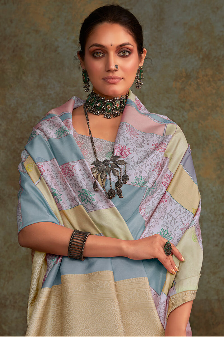 Dull Lavender Printed Soft Silk Saree