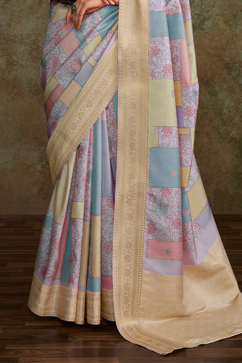 Dull Lavender Printed Soft Silk Saree