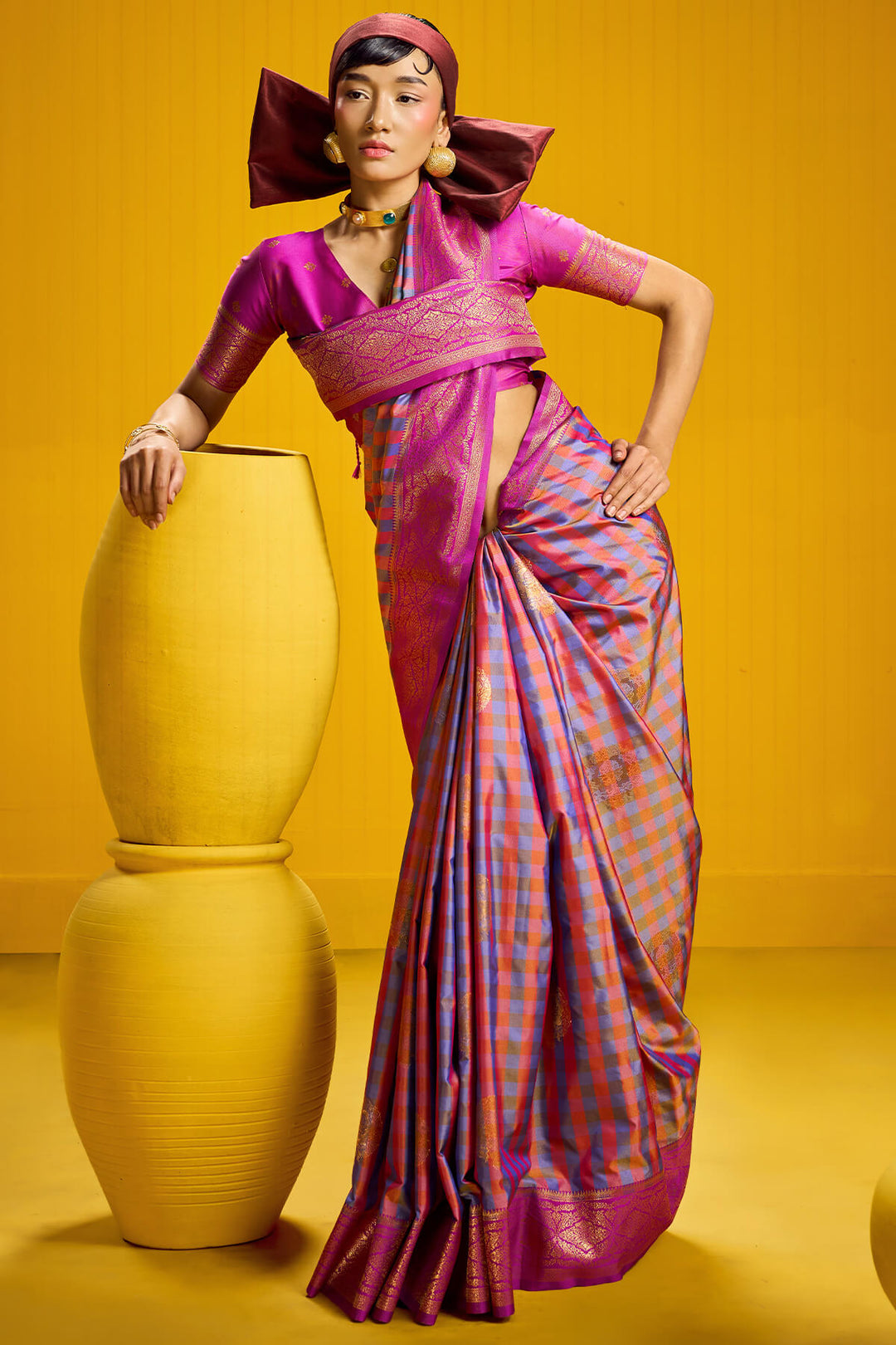 Dull Lavender Two tone Checks Banarasi Silk Saree