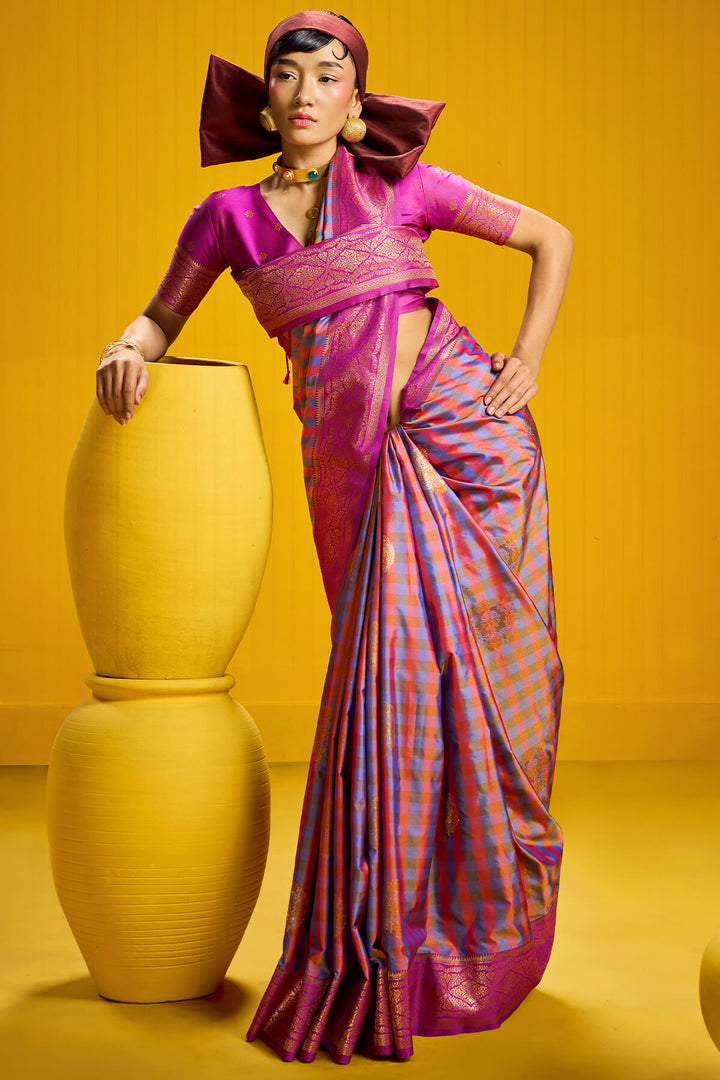Dull Lavender Two tone Checks Banarasi Silk Saree